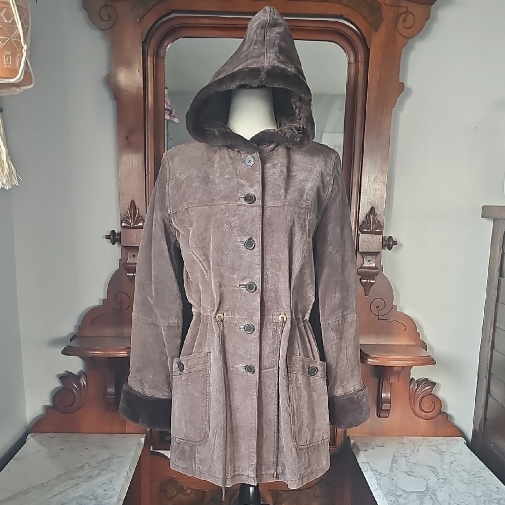 Brown Suede Hooded Women's Jacket